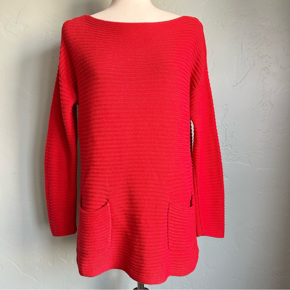 Vince Camuto Women’s Red Coastal Nautical Boat Neck Knit Tunic Sweater Medium